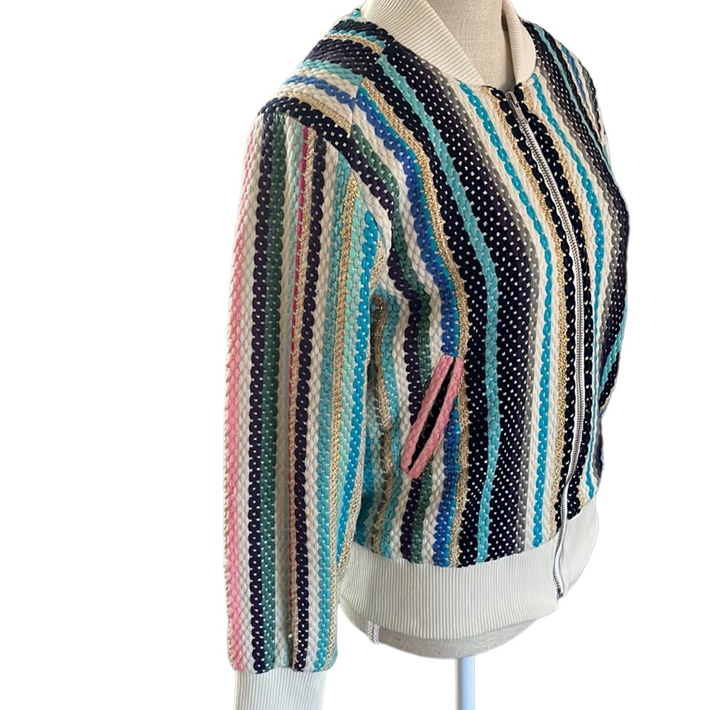 NEW, America and Beyond Rainbow Boho Stripe Bomber Jacket Faux Fur Lining, Sz M - Picture 6 of 10